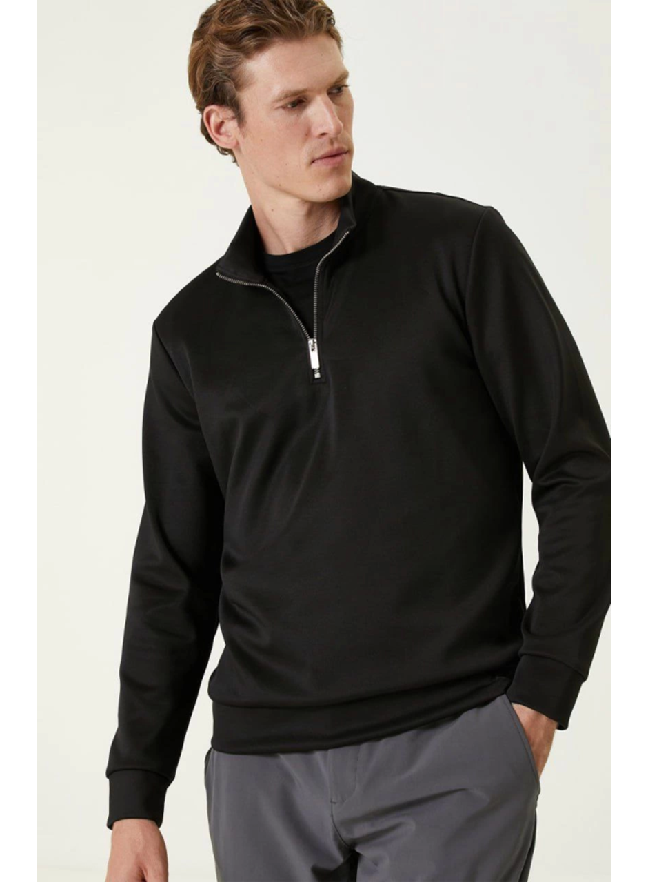 Unisex Uzun Kol Yarım Farmuarlı Yakalı Basic SweatShirt - Siyah