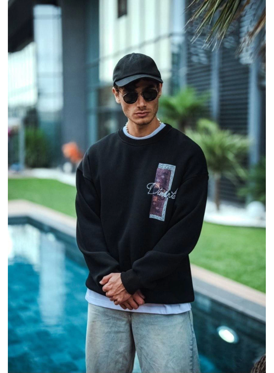 Uzun Kol Bisiklet Yaka Ön Ve Arka Baskılı SweatShirt - Siyah