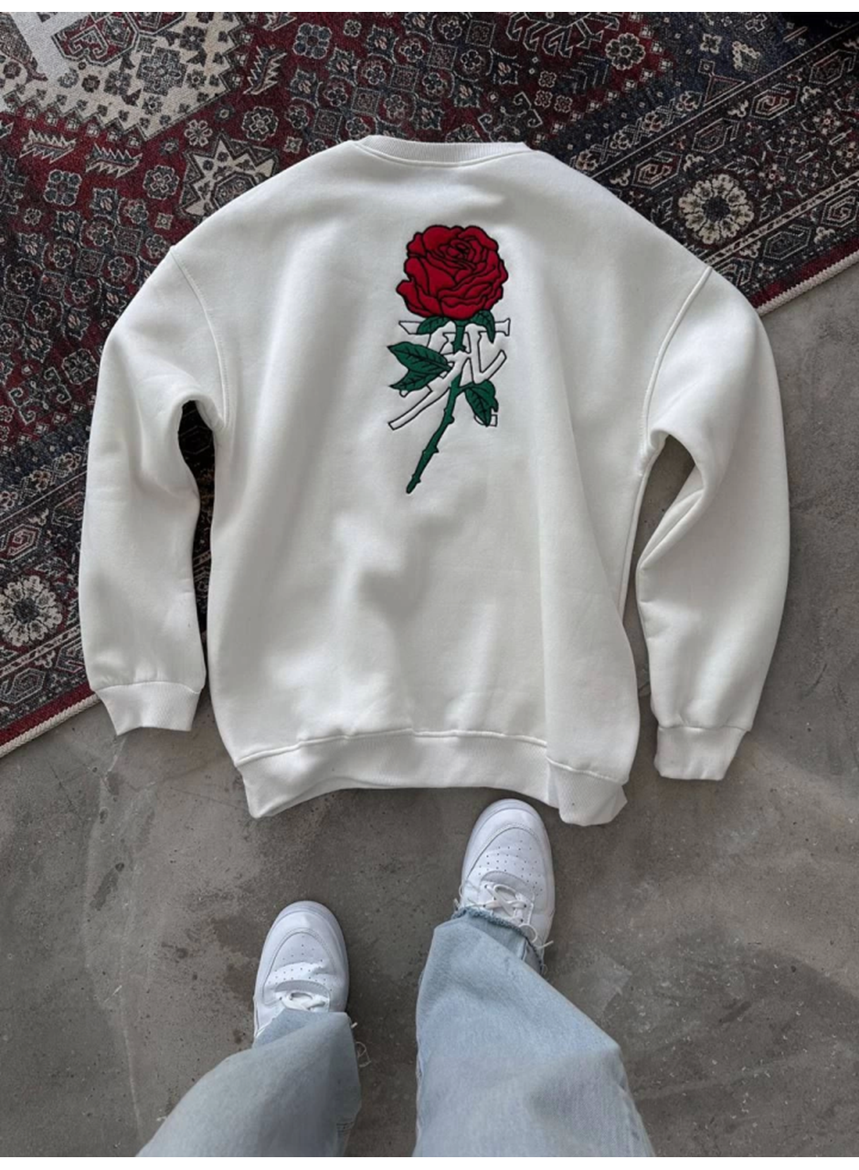 Unisex Bisiklet Yaka Ön Ve Arka Baskılı SweatShirt - Beyaz