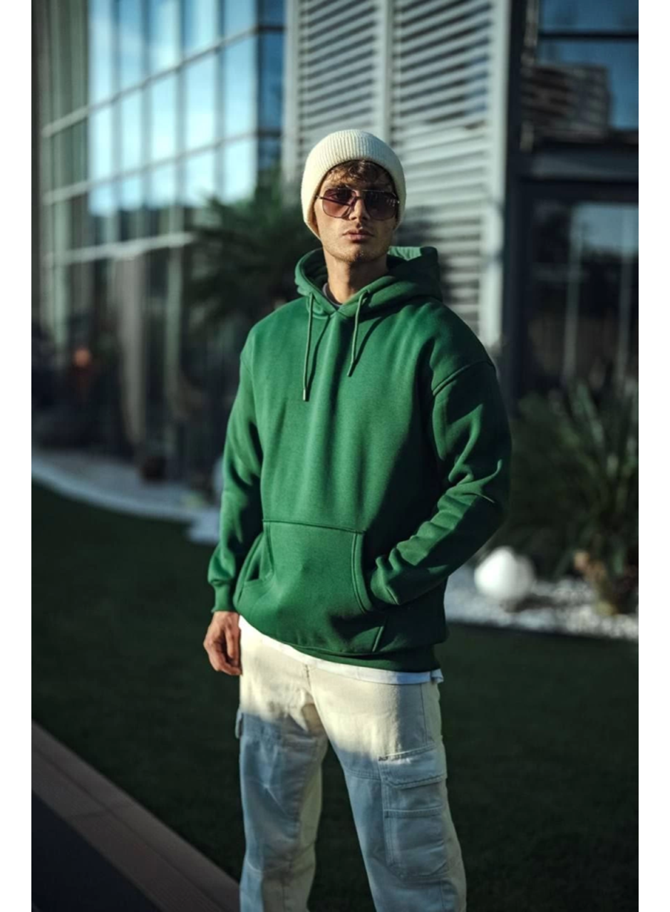 Üç İplik Penye Kapşonlu Basic SweatShirt - Haki