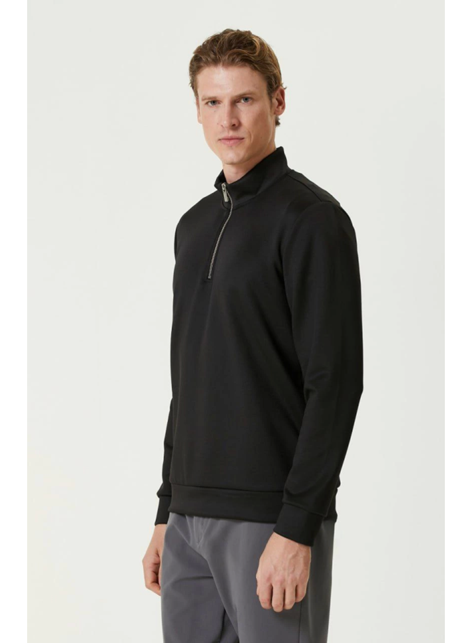 Unisex Uzun Kol Yarım Farmuarlı Yakalı Basic SweatShirt - Siyah