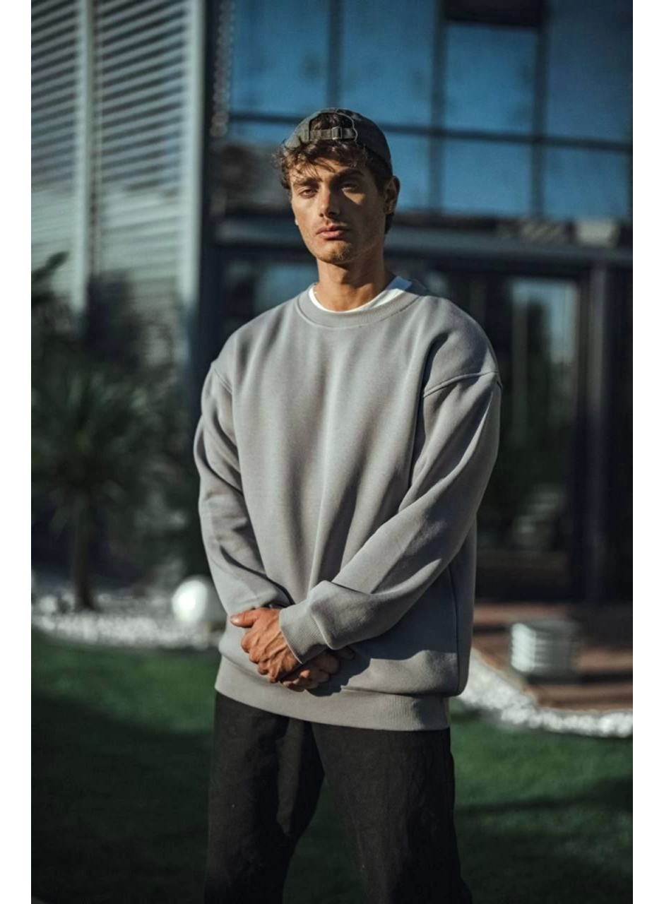 Kışlık Bisiklet Yaka Üç İplik Basic SweatShirt - Boyalı Gri