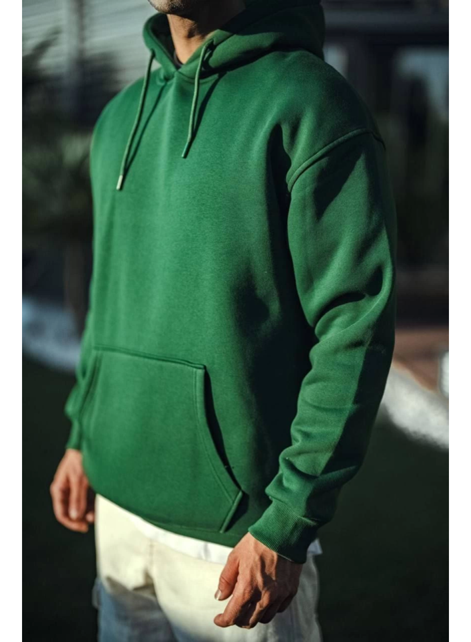 Üç İplik Penye Kapşonlu Basic SweatShirt - Haki