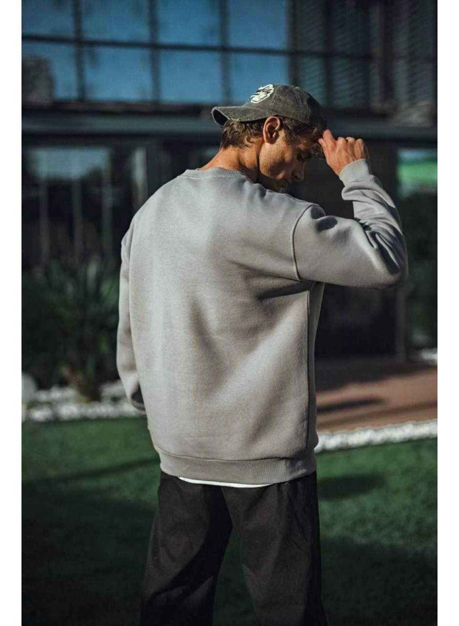 Kışlık Bisiklet Yaka Üç İplik Basic SweatShirt - Boyalı Gri