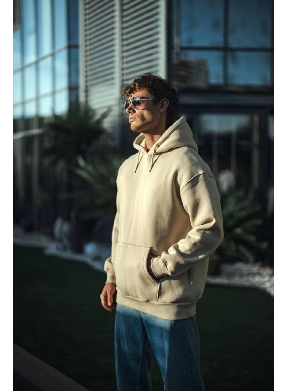 Üç İplik Penye Kapşonlu Basic SweatShirt - Bej