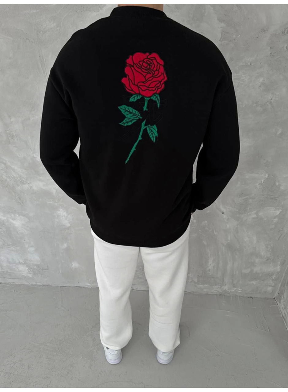 Unisex Bisiklet Yaka Ön Ve Arka Baskılı SweatShirt - Siyah