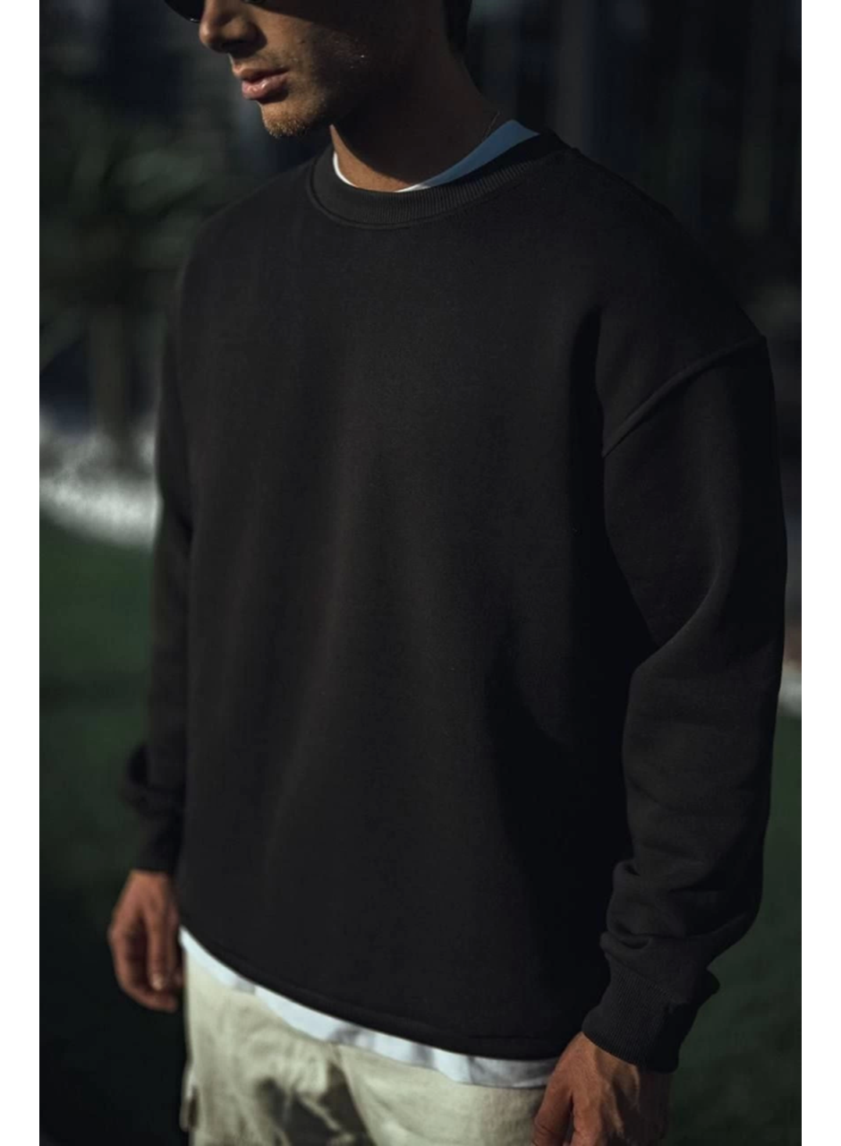 Kışlık Bisiklet Yaka Üç İplik Basic SweatShirt - Siyah