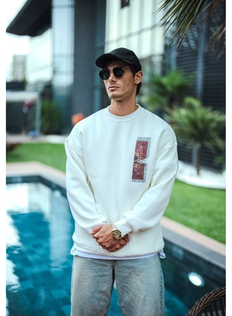 Uzun Kol Bisiklet Yaka Ön Ve Arka Baskılı SweatShirt - Beyaz