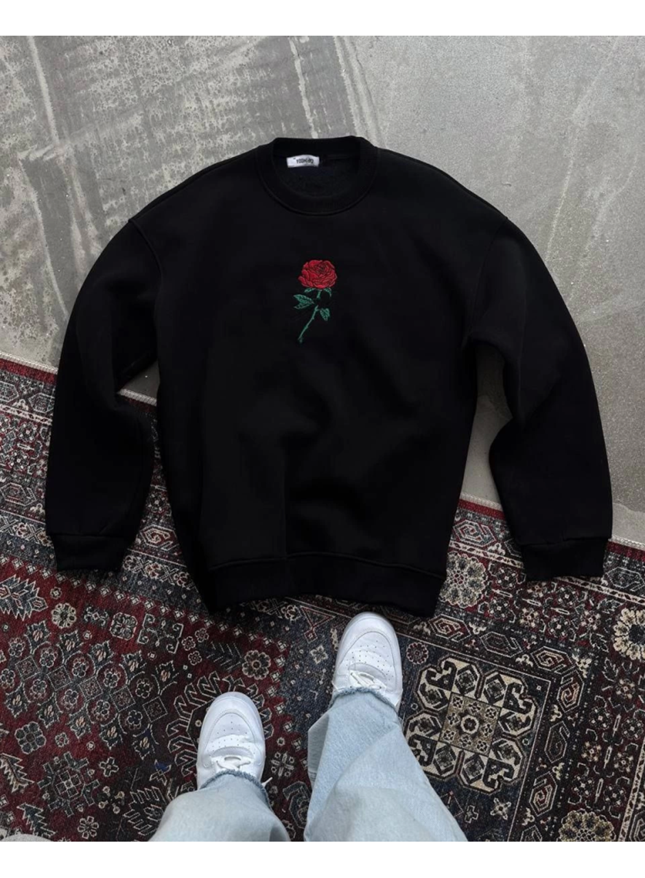 Unisex Bisiklet Yaka Ön Ve Arka Baskılı SweatShirt - Siyah