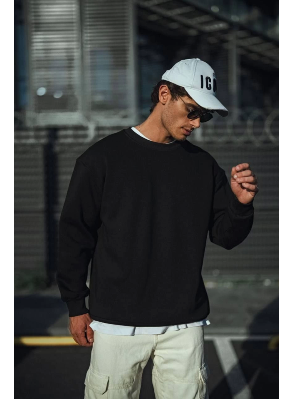 Kışlık Bisiklet Yaka Üç İplik Basic SweatShirt - Siyah