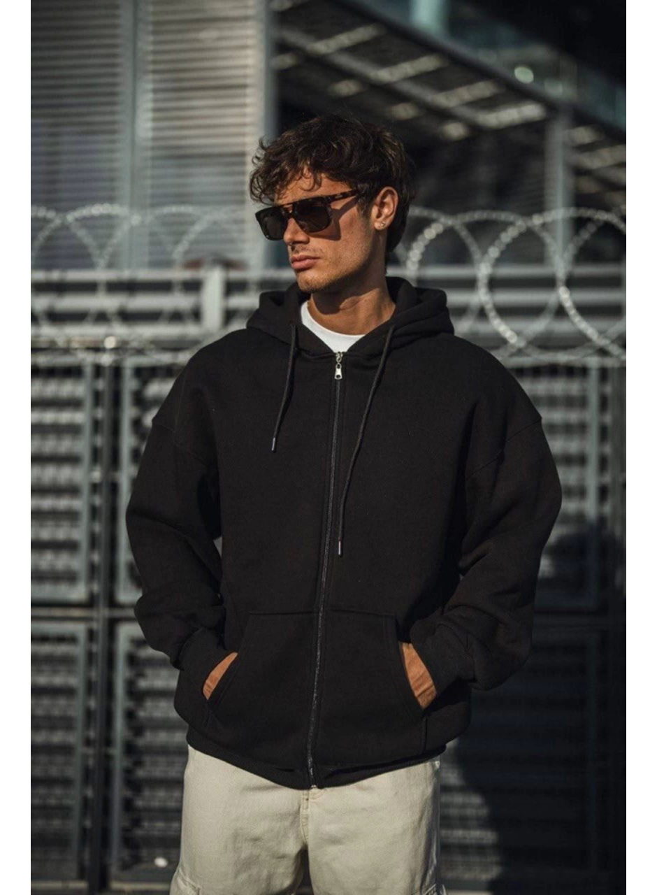 Oversize Tam Fermuarlı Uzun Kol Hırka - Siyah