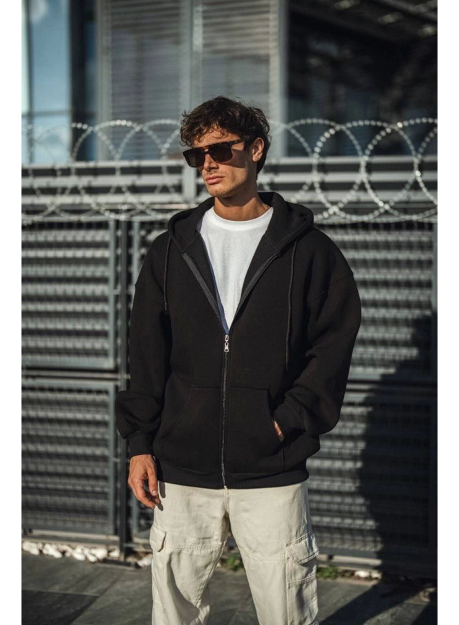 Oversize Tam Fermuarlı Uzun Kol Hırka - Siyah