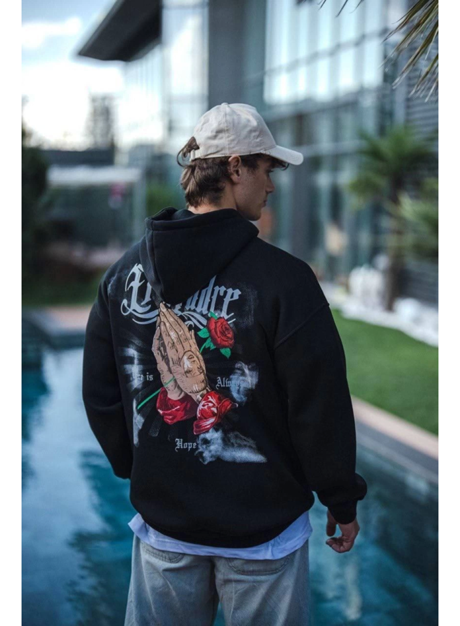 Üç İplik Penye Kapşonlu Baskılı SweatShirt - Siyah