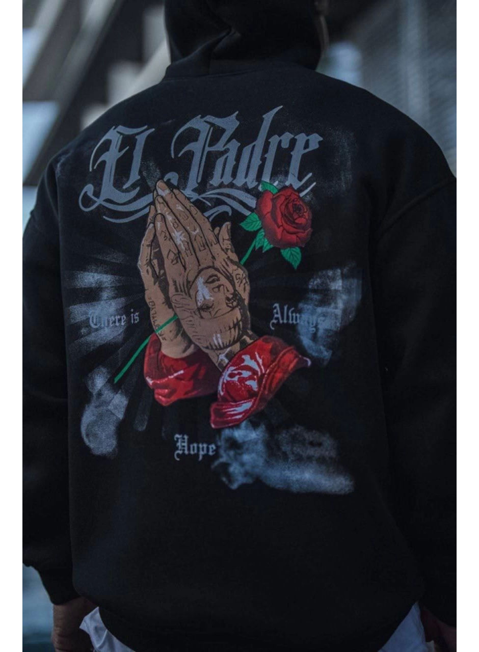 Üç İplik Penye Kapşonlu Baskılı SweatShirt - Siyah