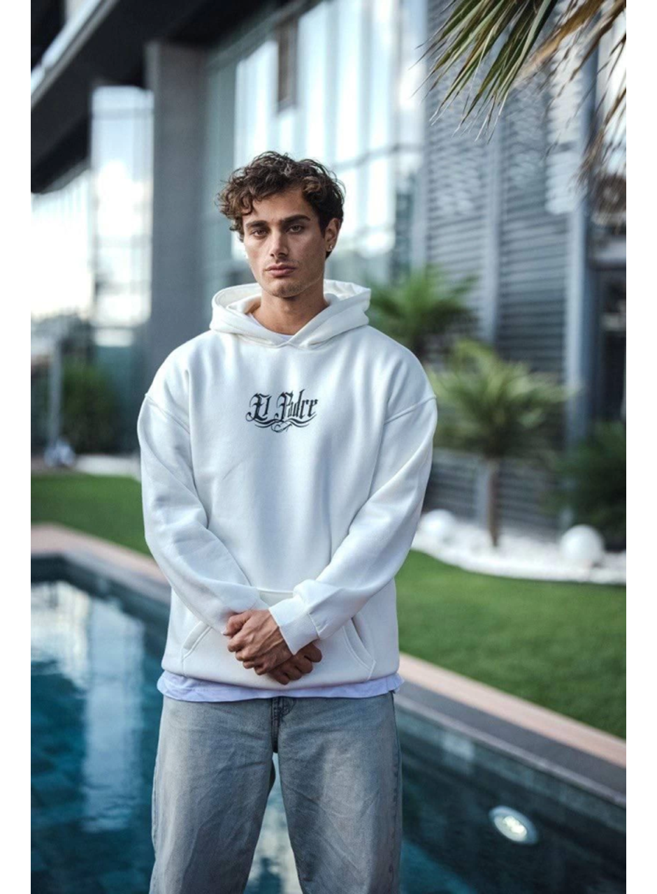 Üç İplik Penye Kapşonlu Baskılı SweatShirt - Beyaz