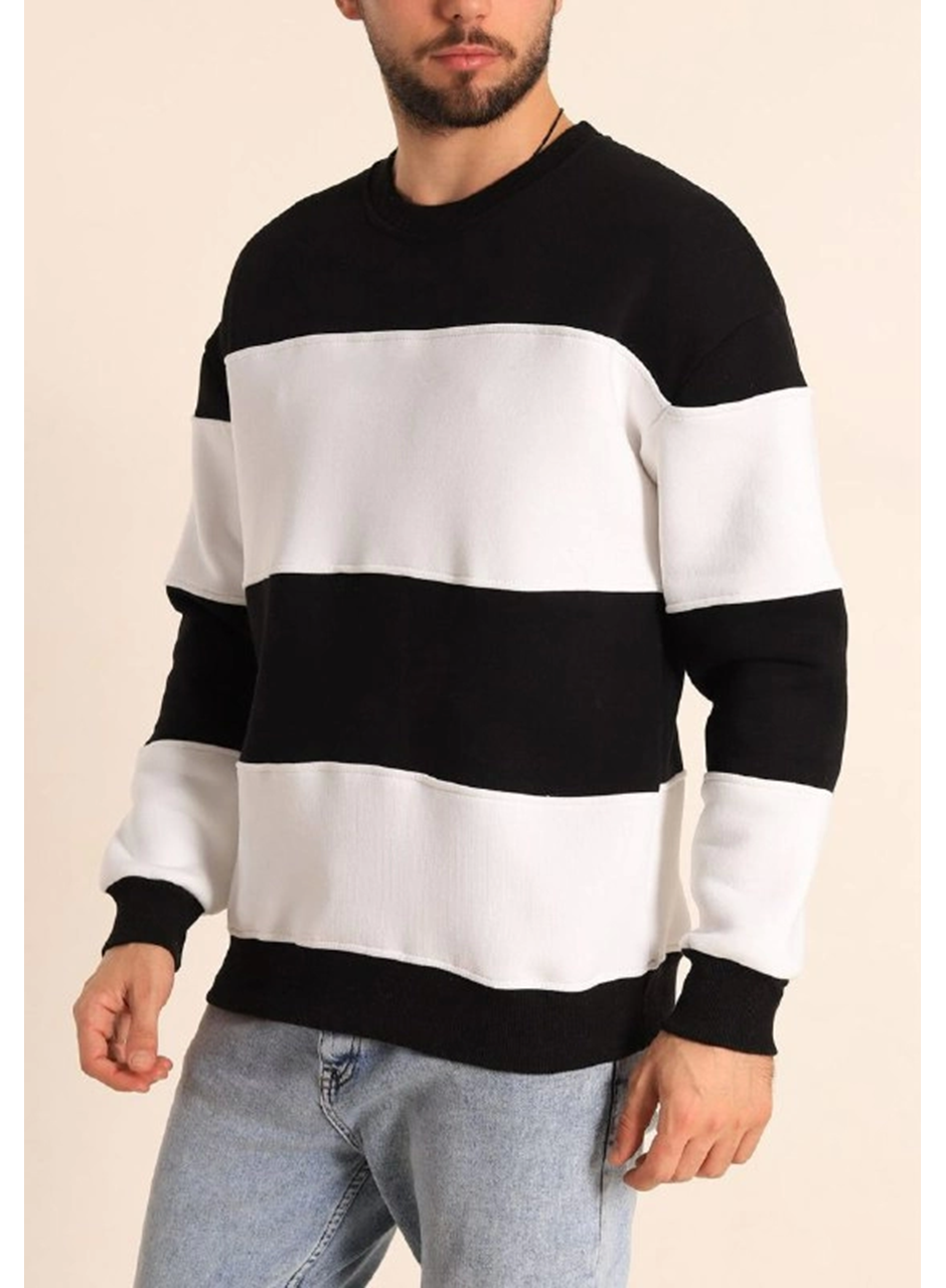 Parçalı Bisiklet Yaka Baskılı SweatShirt - Siyah