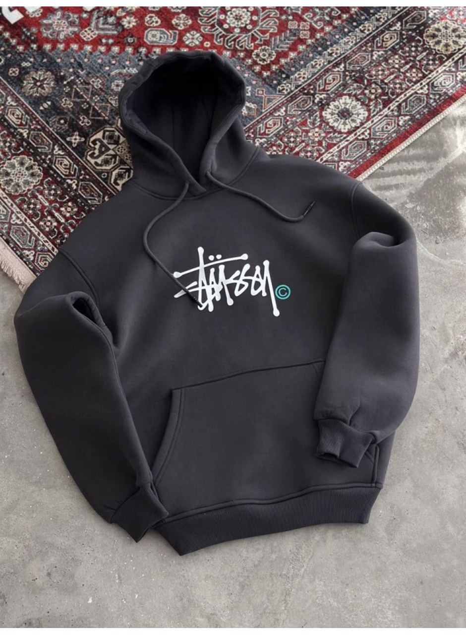 Üç İplik Kapşonlu Baskılı SweatShirt - Füme