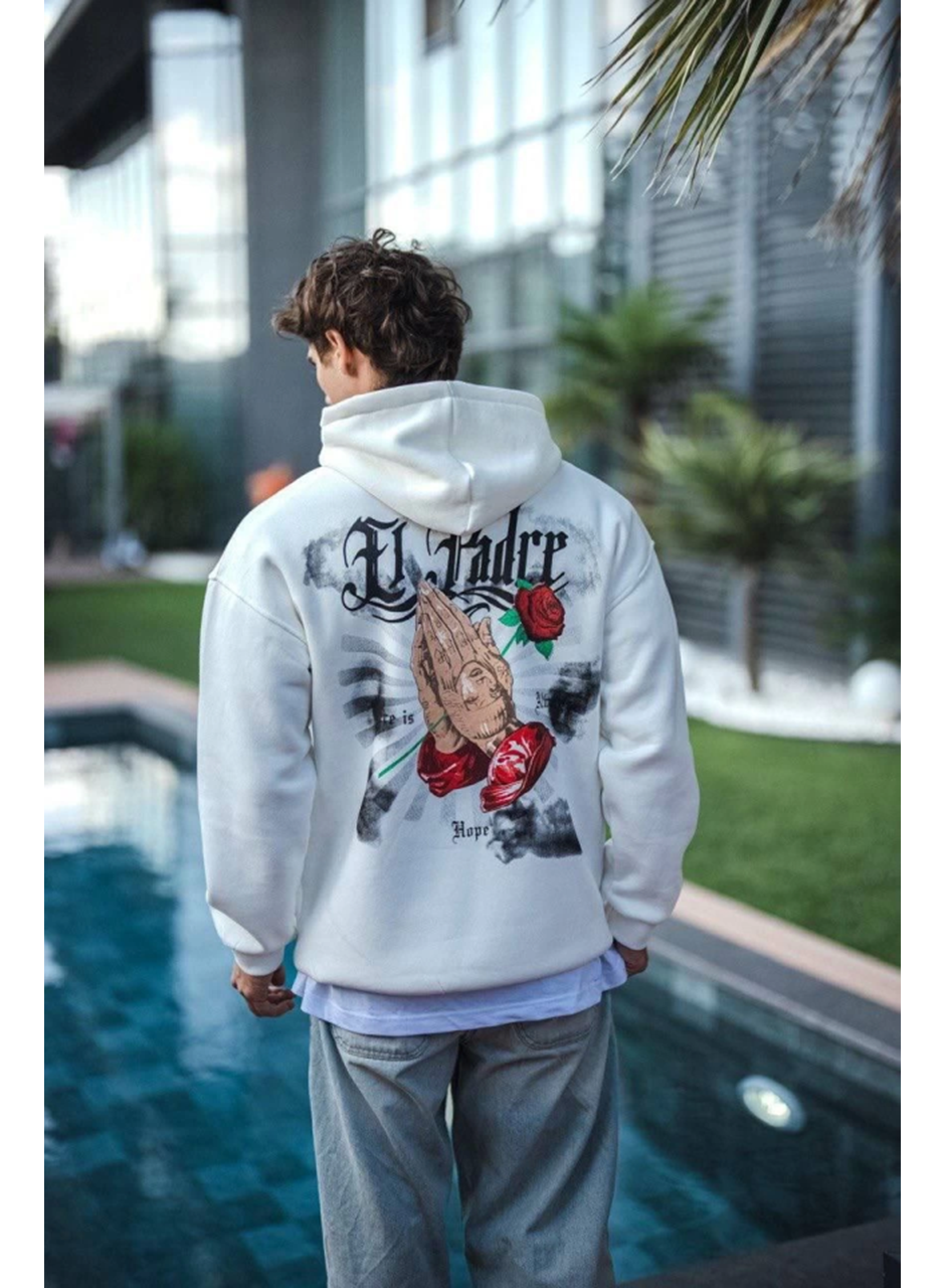 Üç İplik Penye Kapşonlu Baskılı SweatShirt - Beyaz