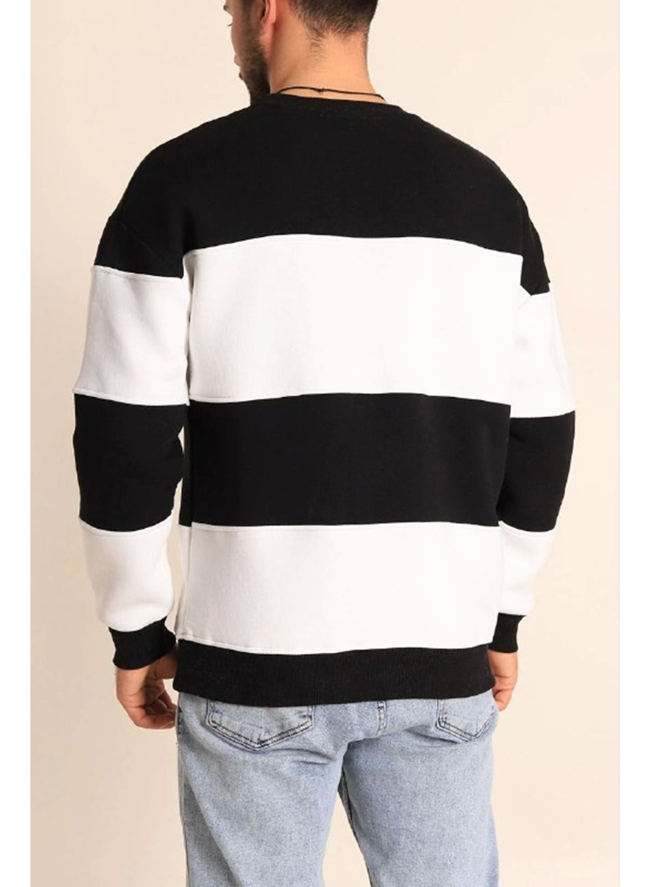 Parçalı Bisiklet Yaka Baskılı SweatShirt - Siyah