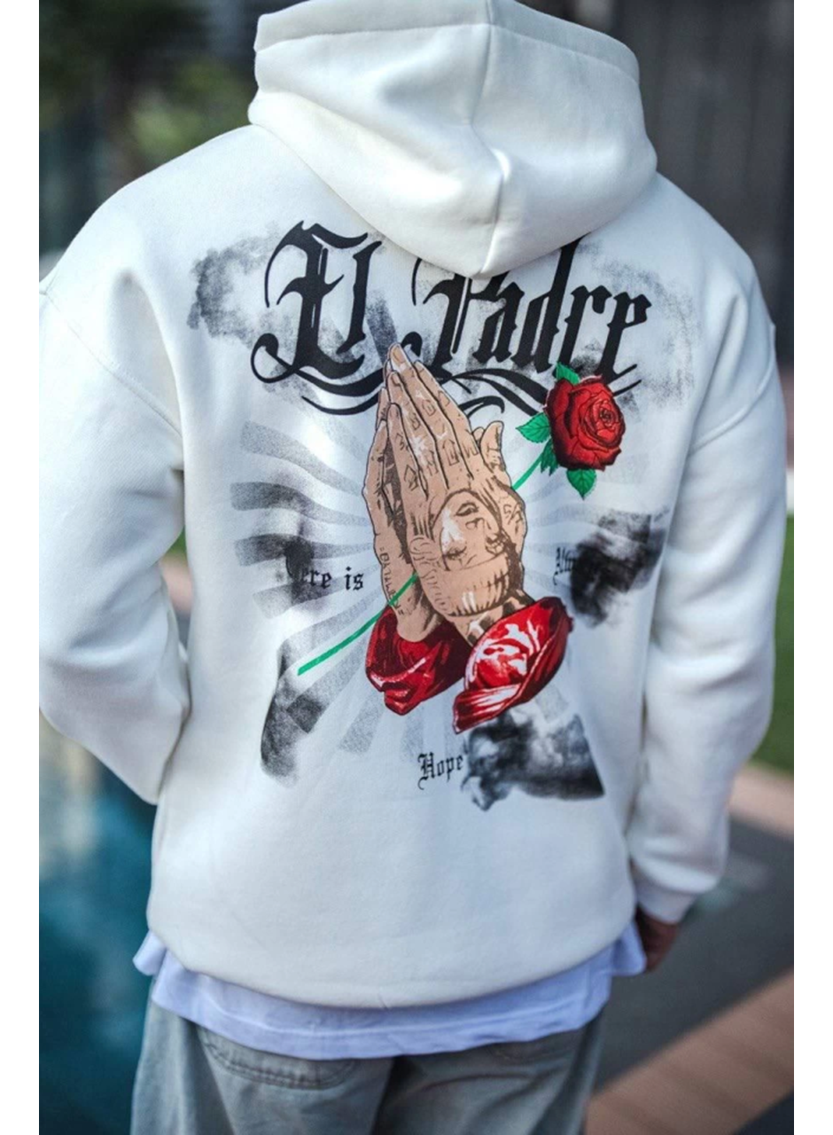 Üç İplik Penye Kapşonlu Baskılı SweatShirt - Beyaz