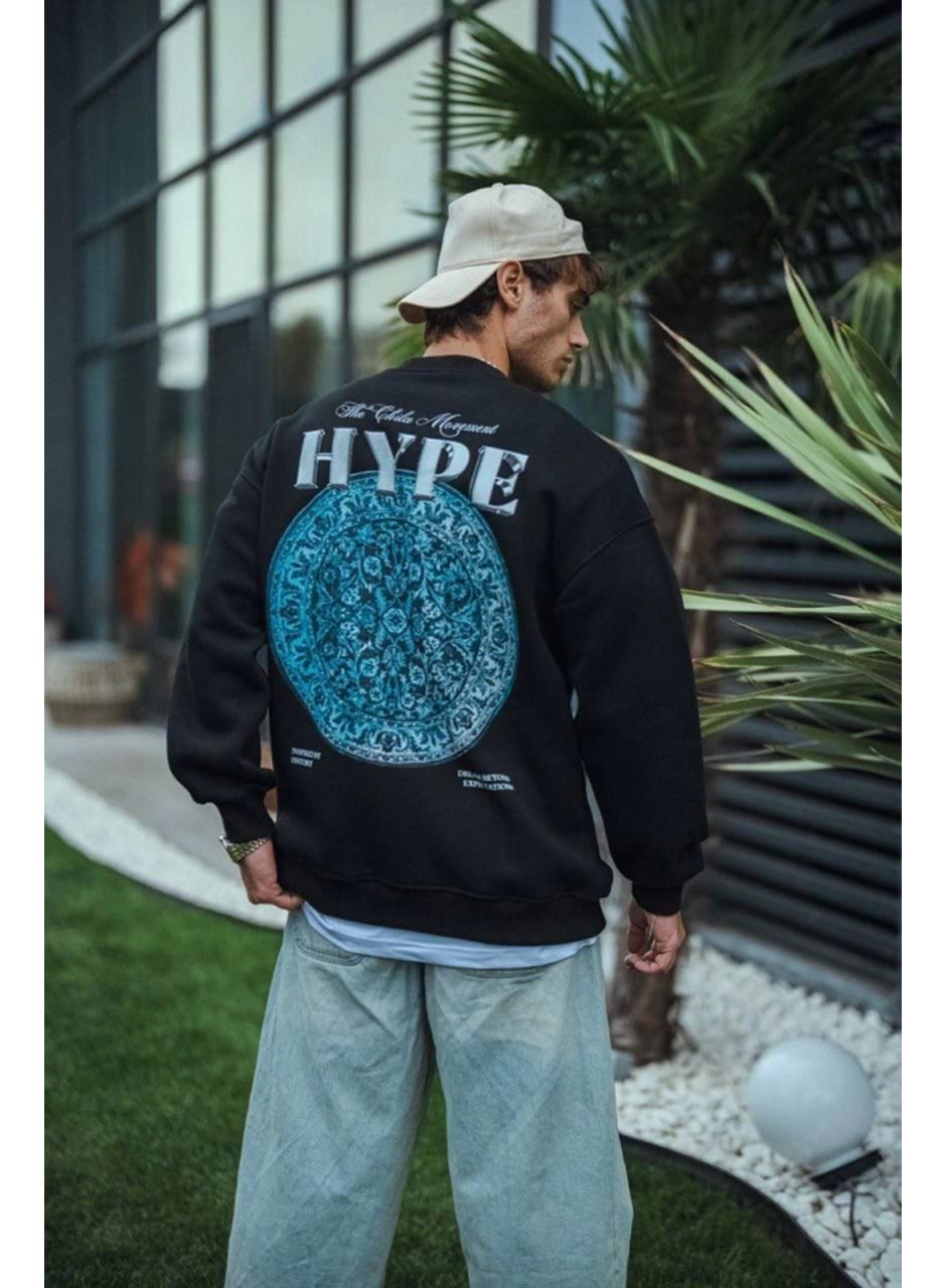 Üç İplik Bisiklet Yaka Baskılı SweatShirt - Siyah
