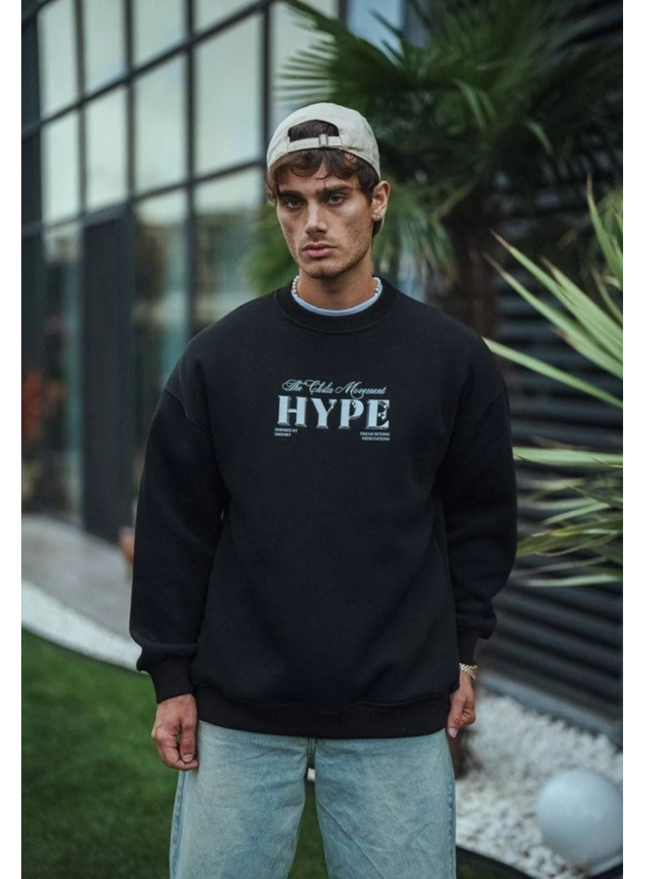 Üç İplik Bisiklet Yaka Baskılı SweatShirt - Siyah