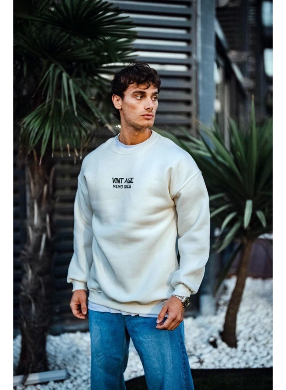 Oversize Bisiklet Yaka Üç İplik Baskılı SweatShirt - Beyaz