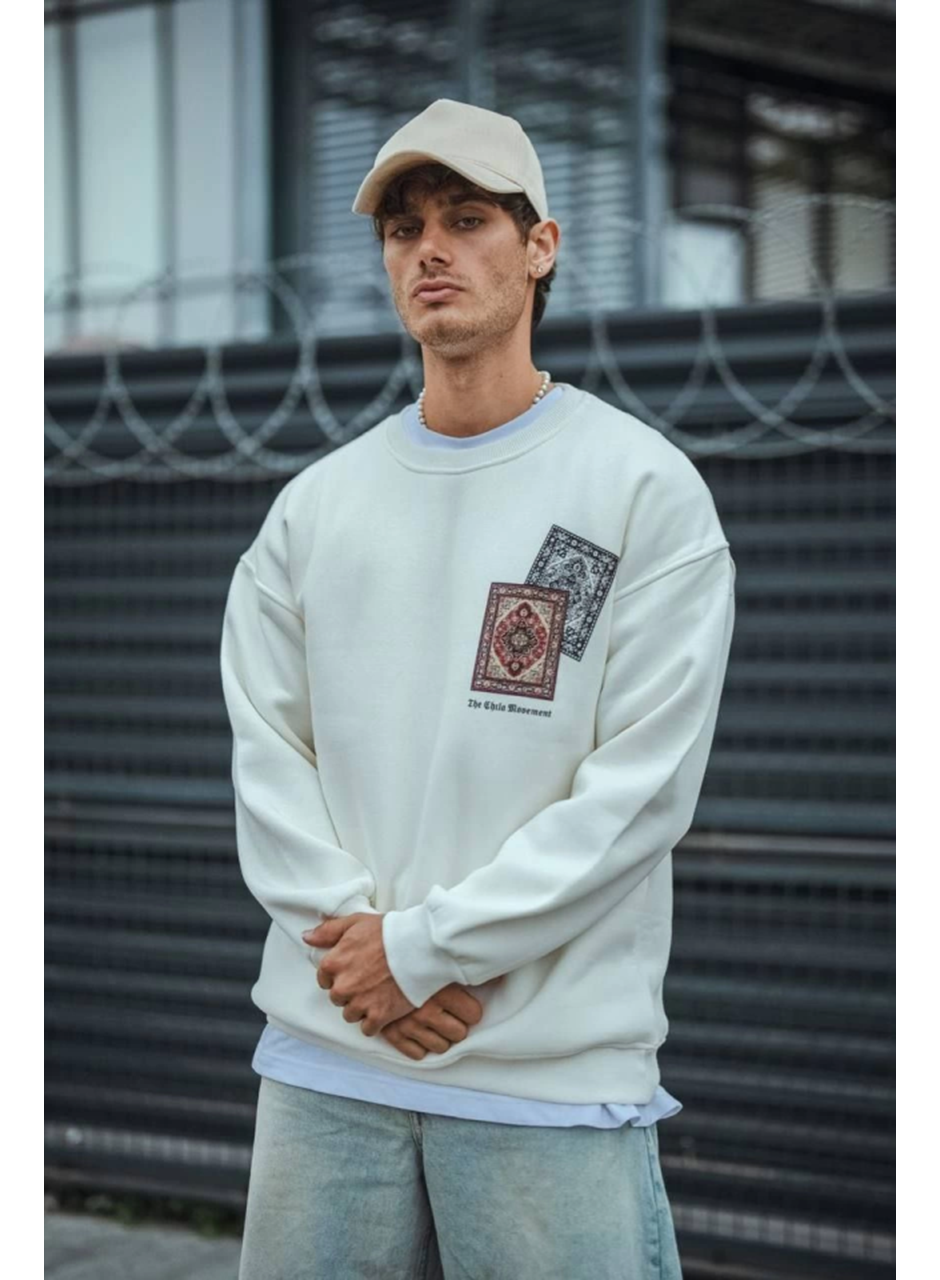 Uzun Kol Bisiklet Yaka Baskılı SweatShirt - Beyaz