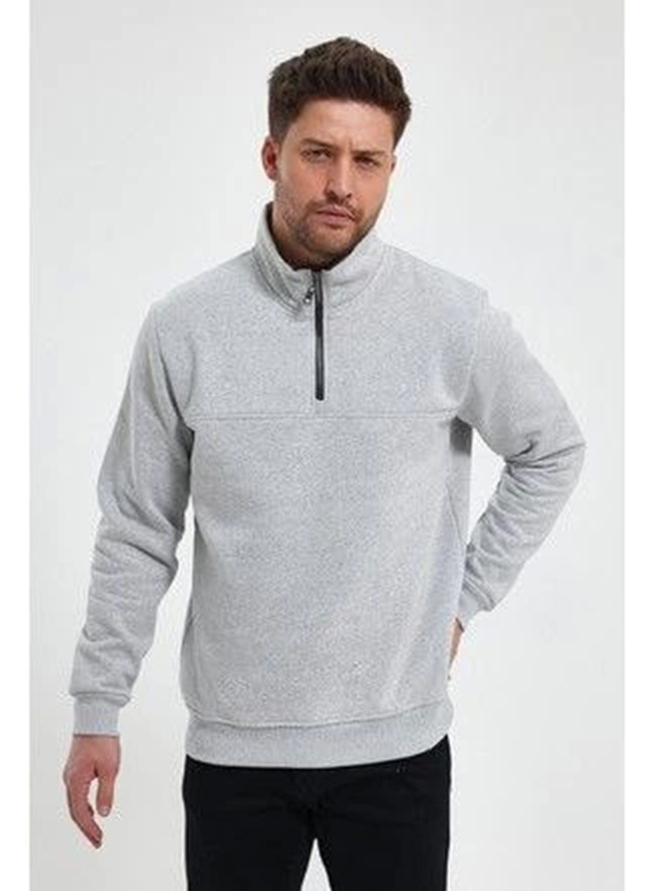Oversize Yarım Farmuarlı Yakalı Basic SweatShirt - Gri