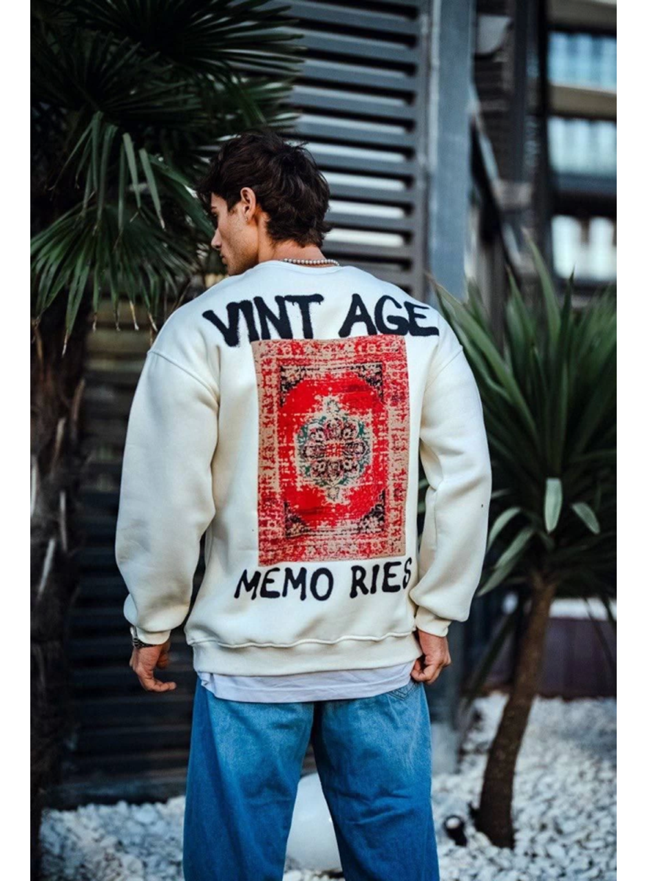 Oversize Bisiklet Yaka Üç İplik Baskılı SweatShirt - Beyaz