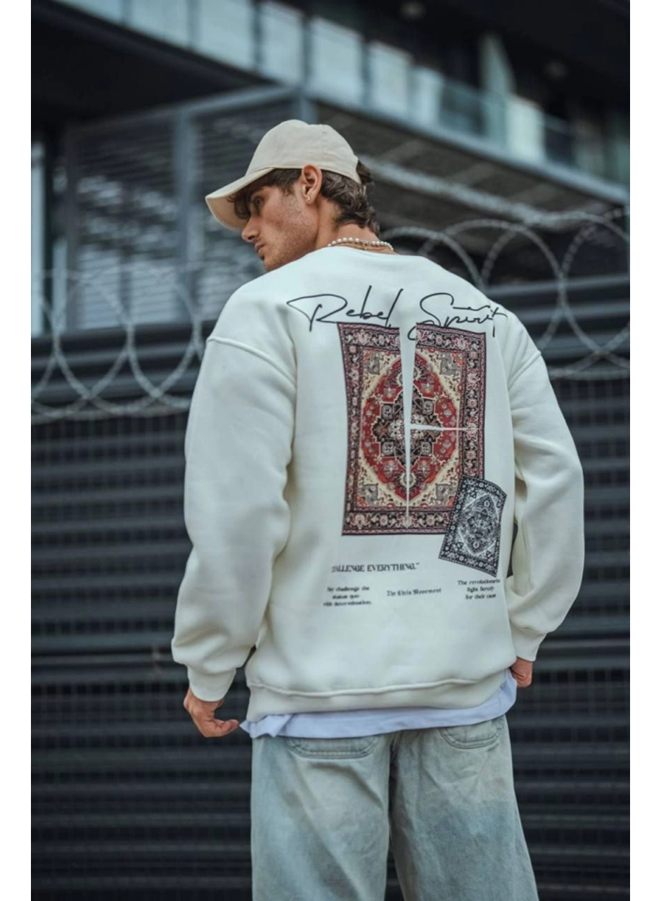 Uzun Kol Bisiklet Yaka Baskılı SweatShirt - Beyaz