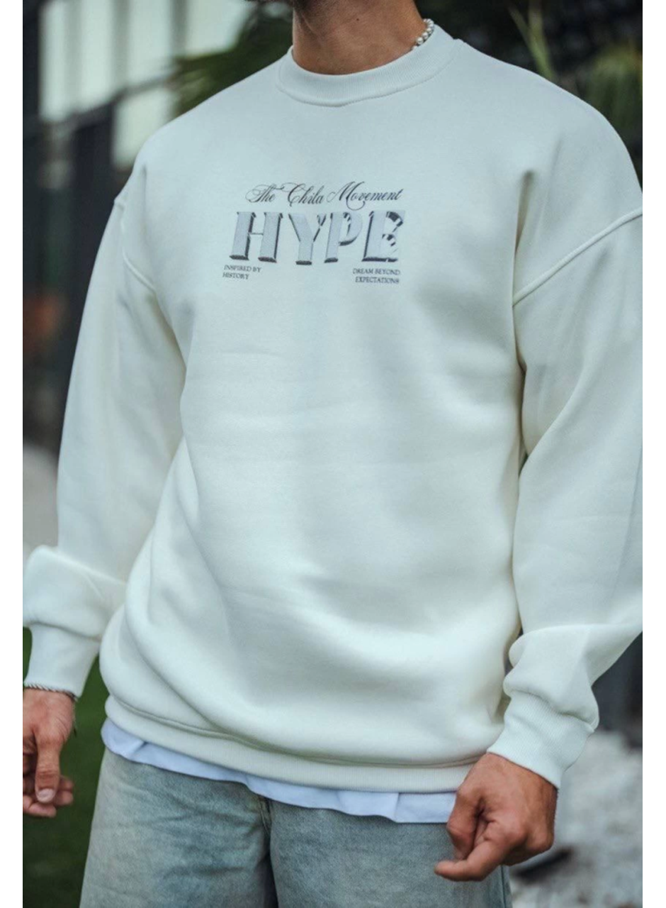 Üç İplik Bisiklet Yaka Baskılı SweatShirt - Beyaz