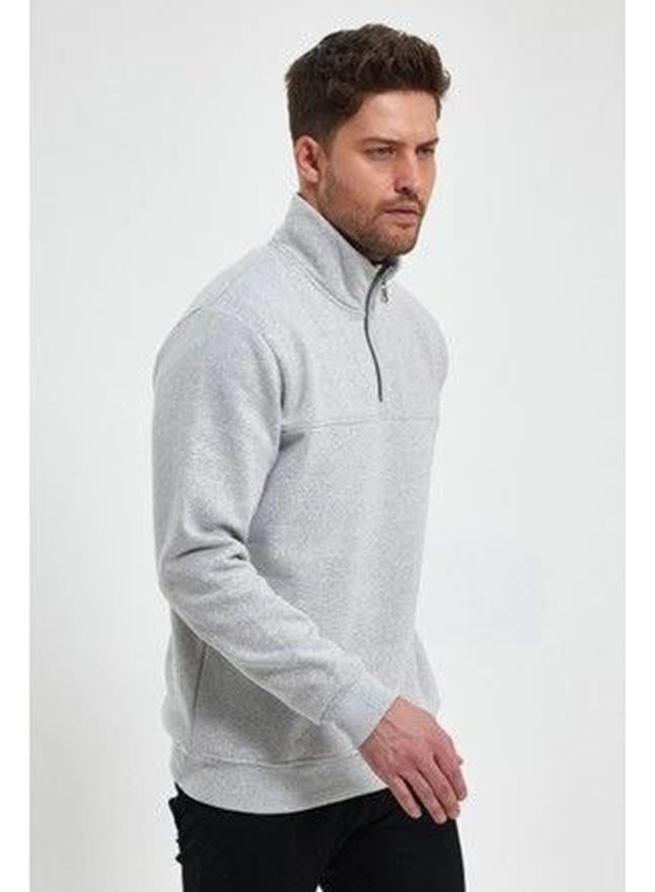 Oversize Yarım Farmuarlı Yakalı Basic SweatShirt - Gri