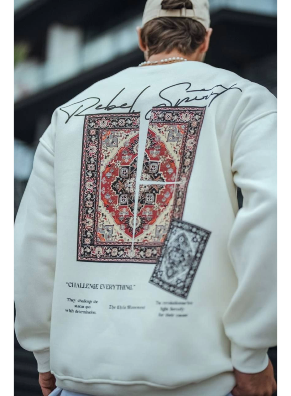 Uzun Kol Bisiklet Yaka Baskılı SweatShirt - Beyaz