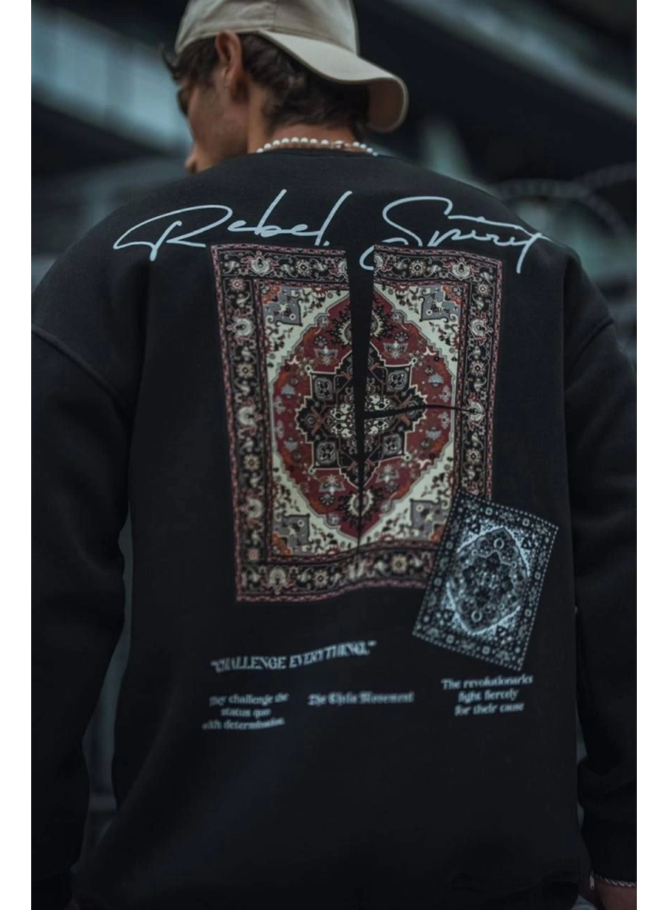 Uzun Kol Bisiklet Yaka Baskılı SweatShirt - Siyah
