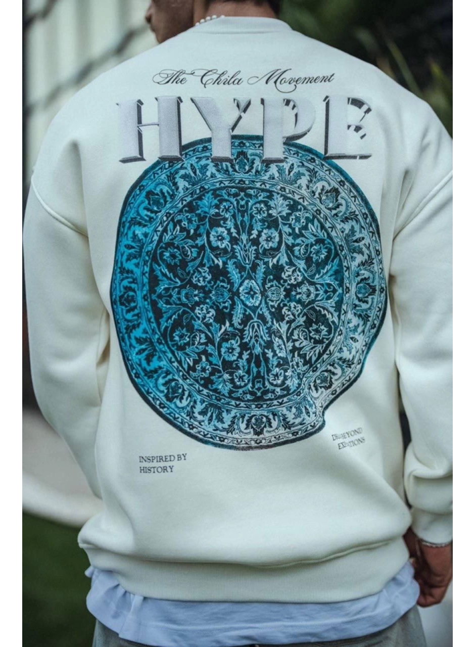 Üç İplik Bisiklet Yaka Baskılı SweatShirt - Beyaz