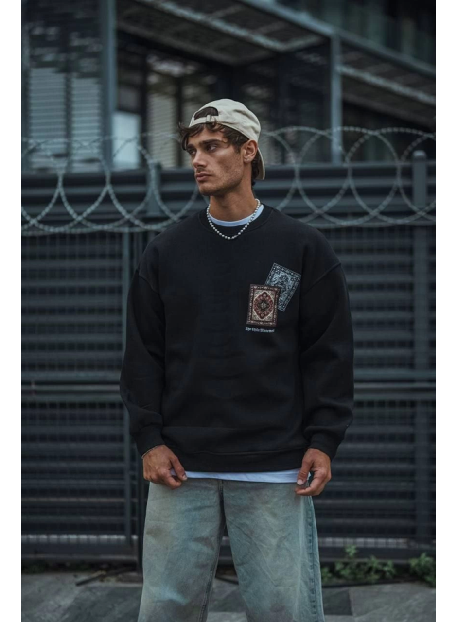 Uzun Kol Bisiklet Yaka Baskılı SweatShirt - Siyah