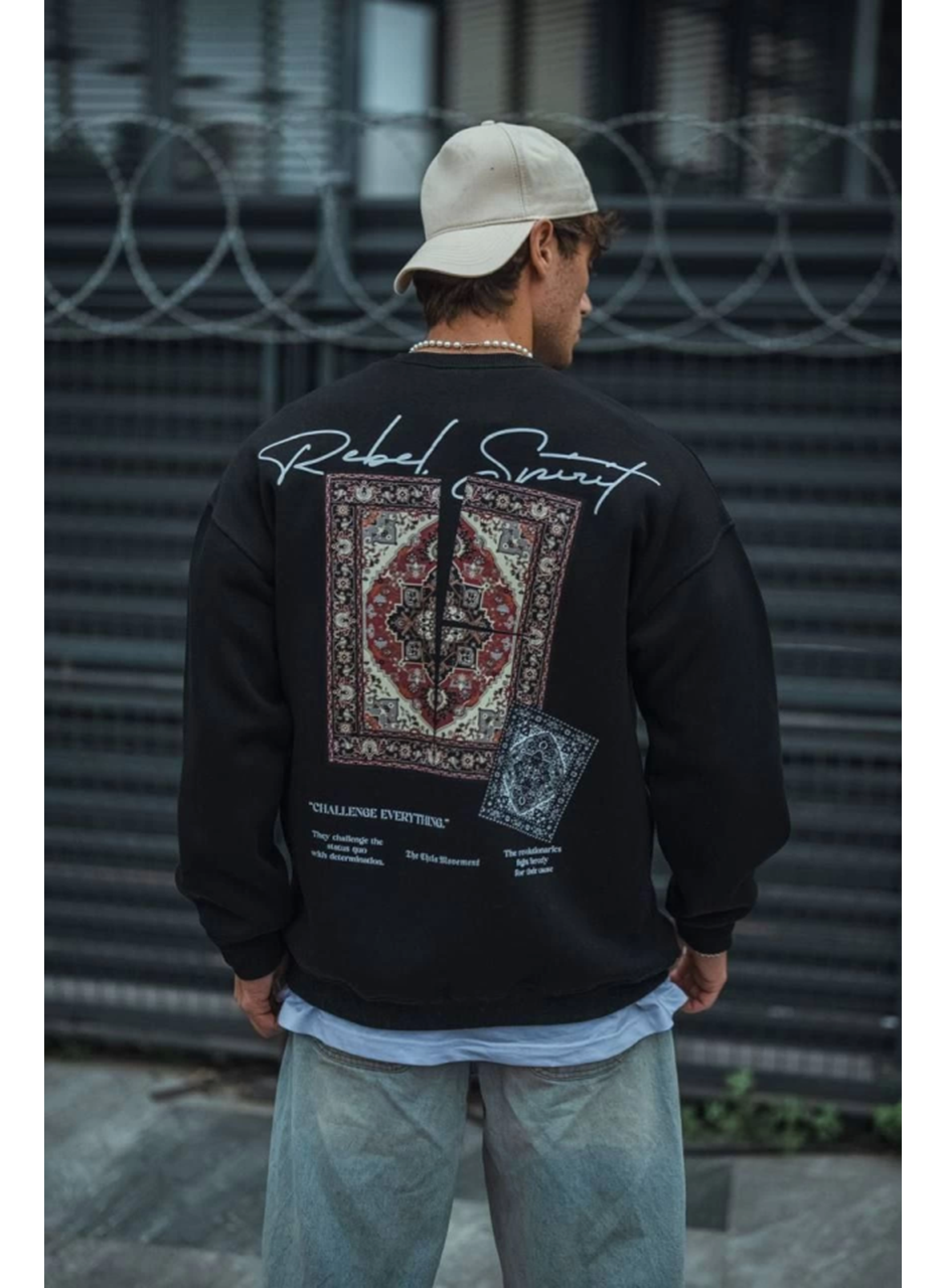 Uzun Kol Bisiklet Yaka Baskılı SweatShirt - Siyah