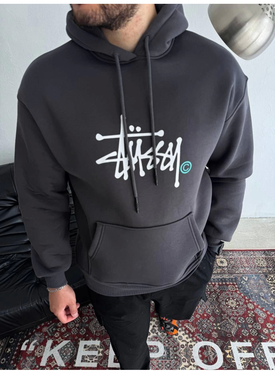 Üç İplik Kapşonlu Baskılı SweatShirt - Füme