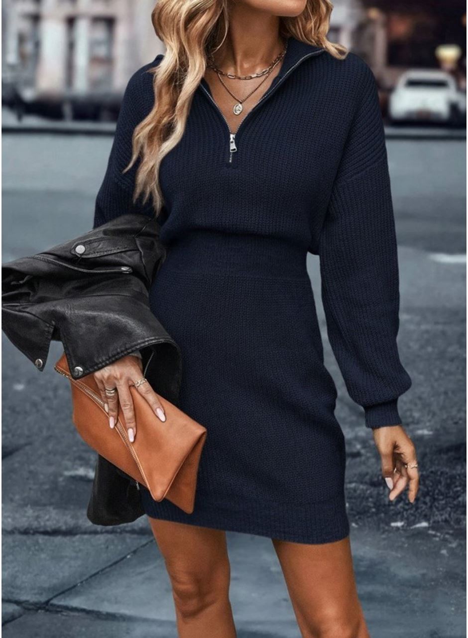 Kadın Uzun Kollu Yakası Fermuarlı Mini Triko Elbise