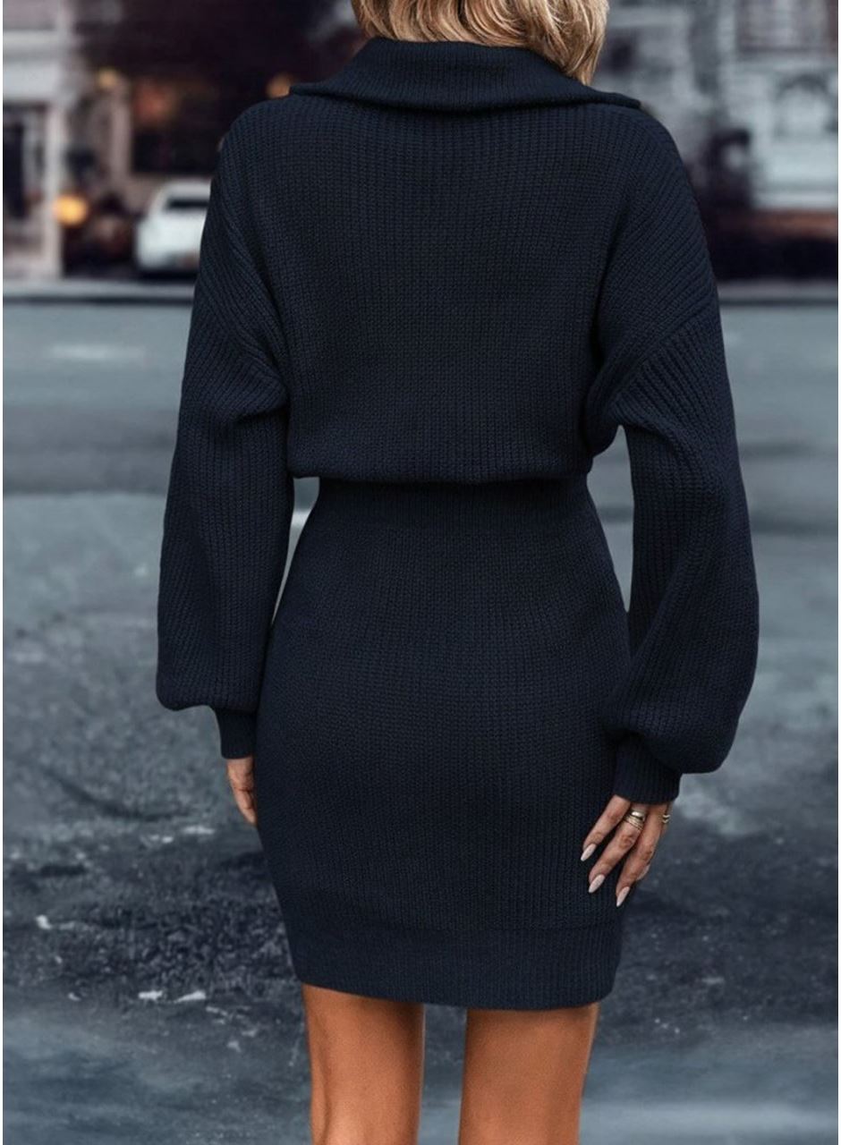 Kadın Uzun Kollu Yakası Fermuarlı Mini Triko Elbise
