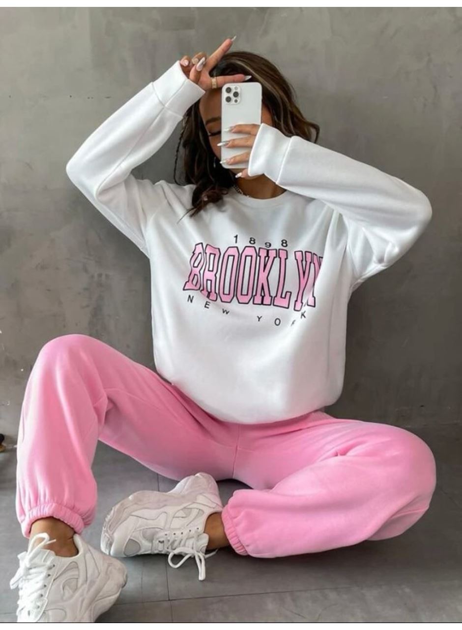 Kadın Bisiklet Yaka Brooklyn Baskılı üç Iplik Kumaş Sweat