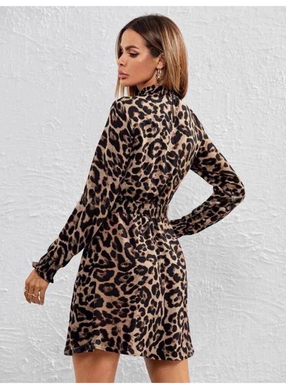 Kadın Yarım Balıkçı Yaka Uzun Kollu Leopar Desen Mini Elbise