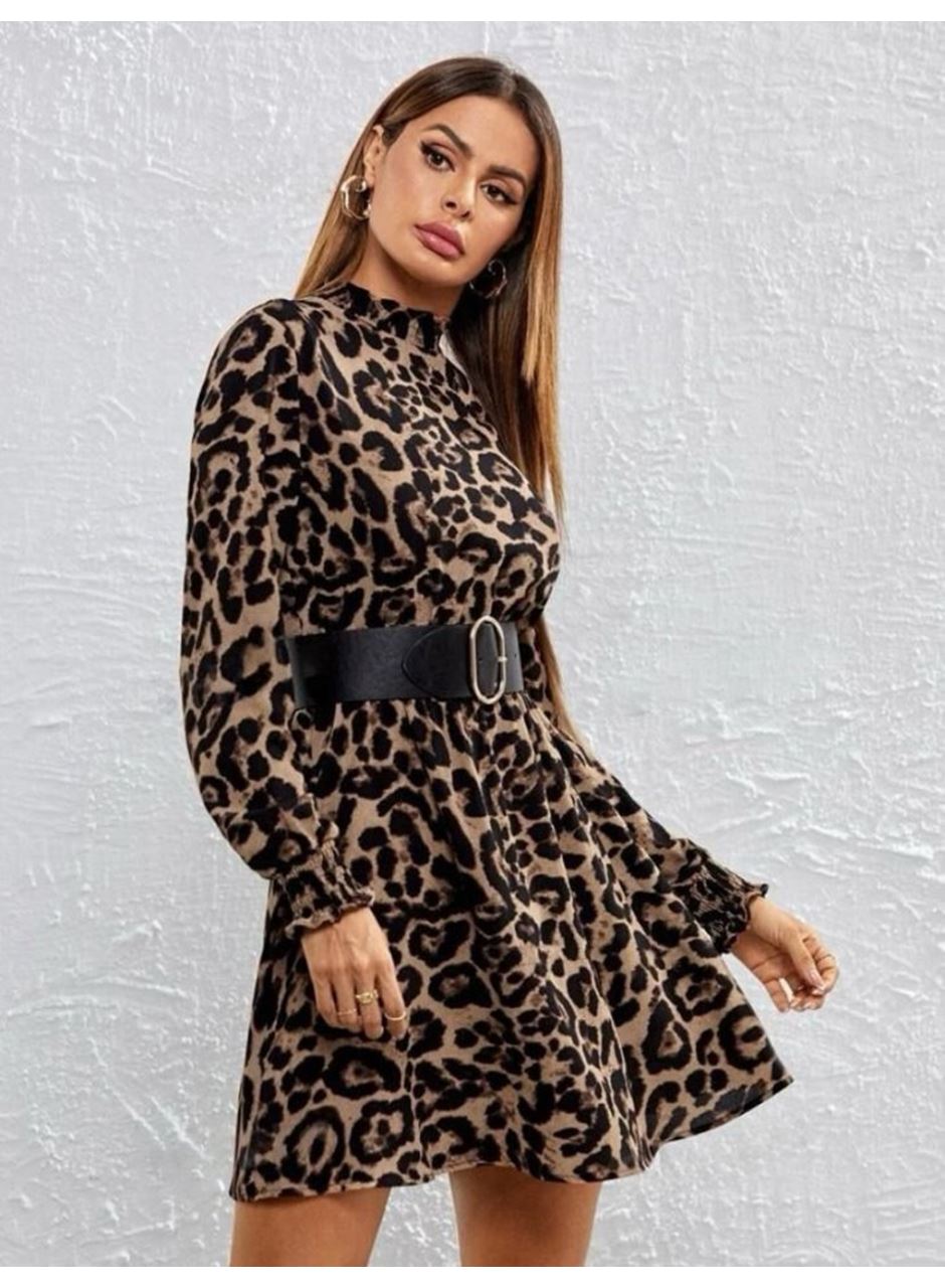 Kadın Yarım Balıkçı Yaka Uzun Kollu Leopar Desen Mini Elbise