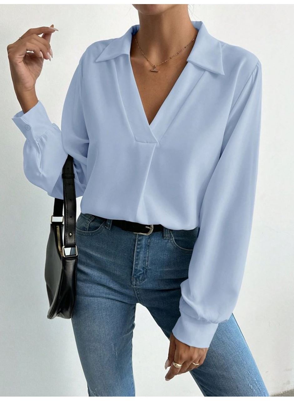 Kadın V Yaka Uzun Kollu Mosskrep Kumaş Bluz