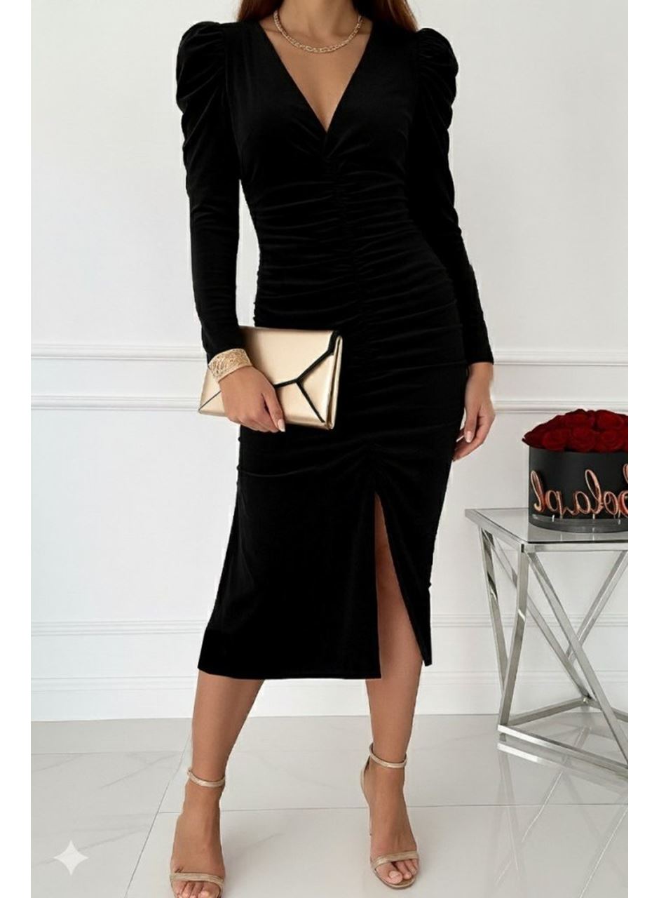 Kadın Uzun Kollu Derin Kruvaze Yakalı önden Büzgülü Yırtmaç Detaylı Kadife Midi Elbise