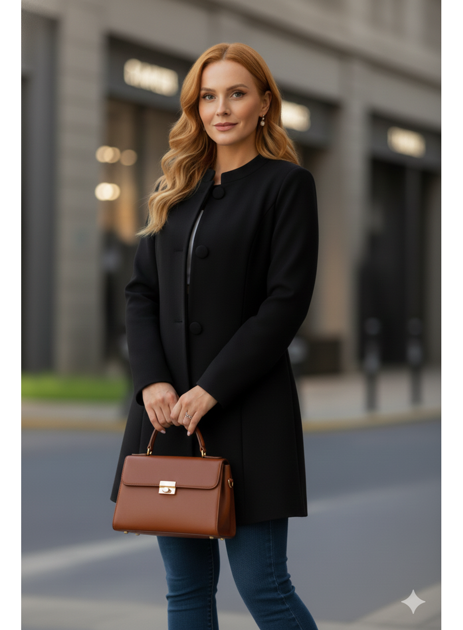 Kadın Uzun Kollu Yakalı önü Düğmeli Ithal Kaşe Astarlı Kaban