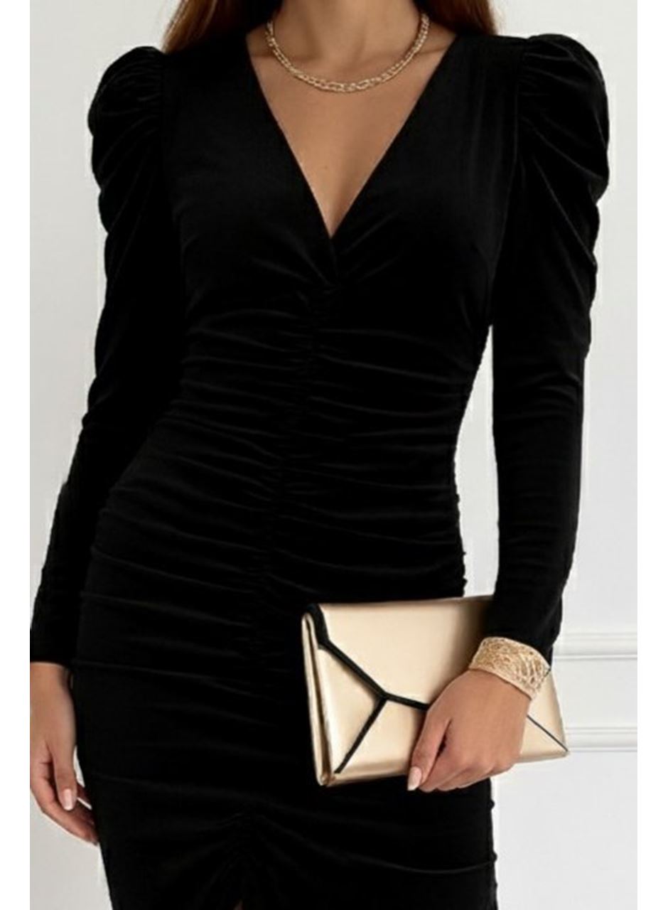 Kadın Uzun Kollu Derin Kruvaze Yakalı önden Büzgülü Yırtmaç Detaylı Kadife Midi Elbise