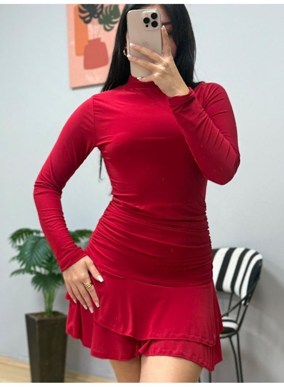 Kadın Uzun Kollu Balıkçı Yaka Mini Fırfırlı Sandy Elbise
