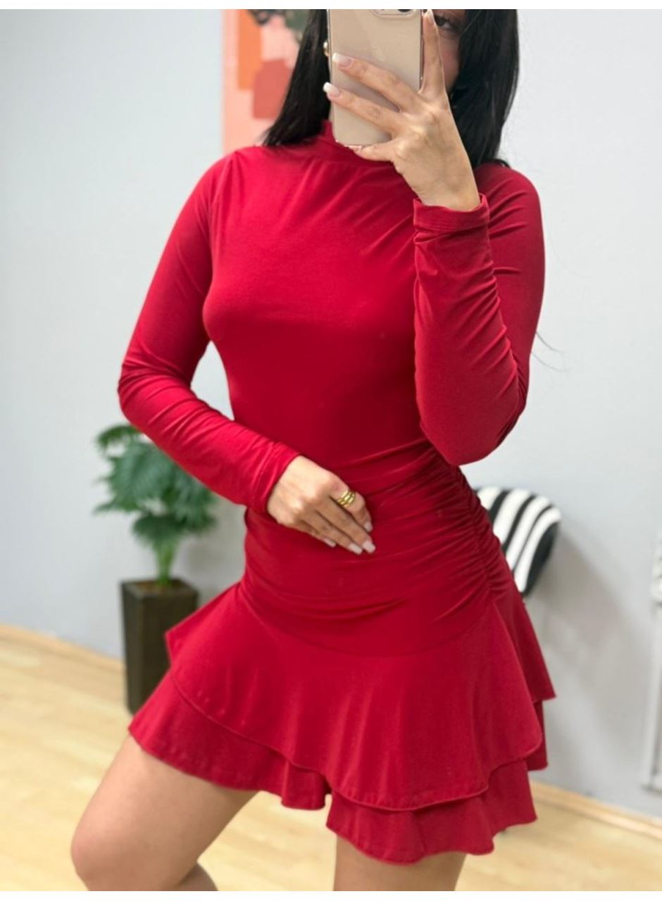 Kadın Uzun Kollu Balıkçı Yaka Mini Fırfırlı Sandy Elbise